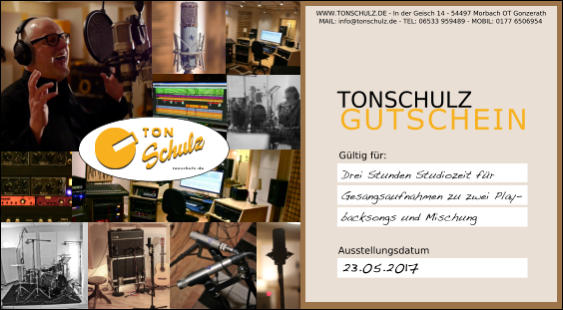 TonSchulz Gutschein, Tonstudiozeit als Erlebnis, Geburtstag Jungesellenabschied JGA im Tonstudio